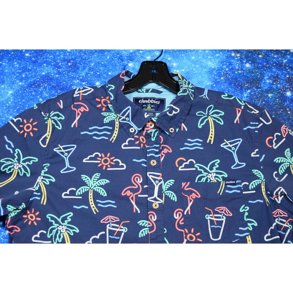 Chubbies Shirt Mens Large Blue Neon Tropical Flamingo Cocktail Button Up - Picture 2 of 8